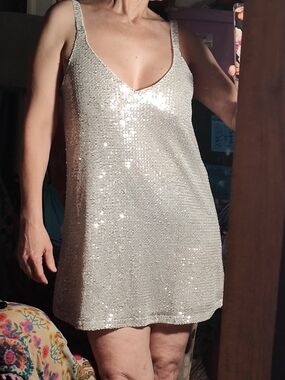 Sequin V-Neck Slip Dress in Shimmering Silver
